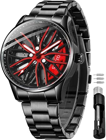 OLEVS Watches for Men Skeleton Quartz Racing Car Wheel Stainless Steel Casual Sports Waterproof Luminous Mens Watches