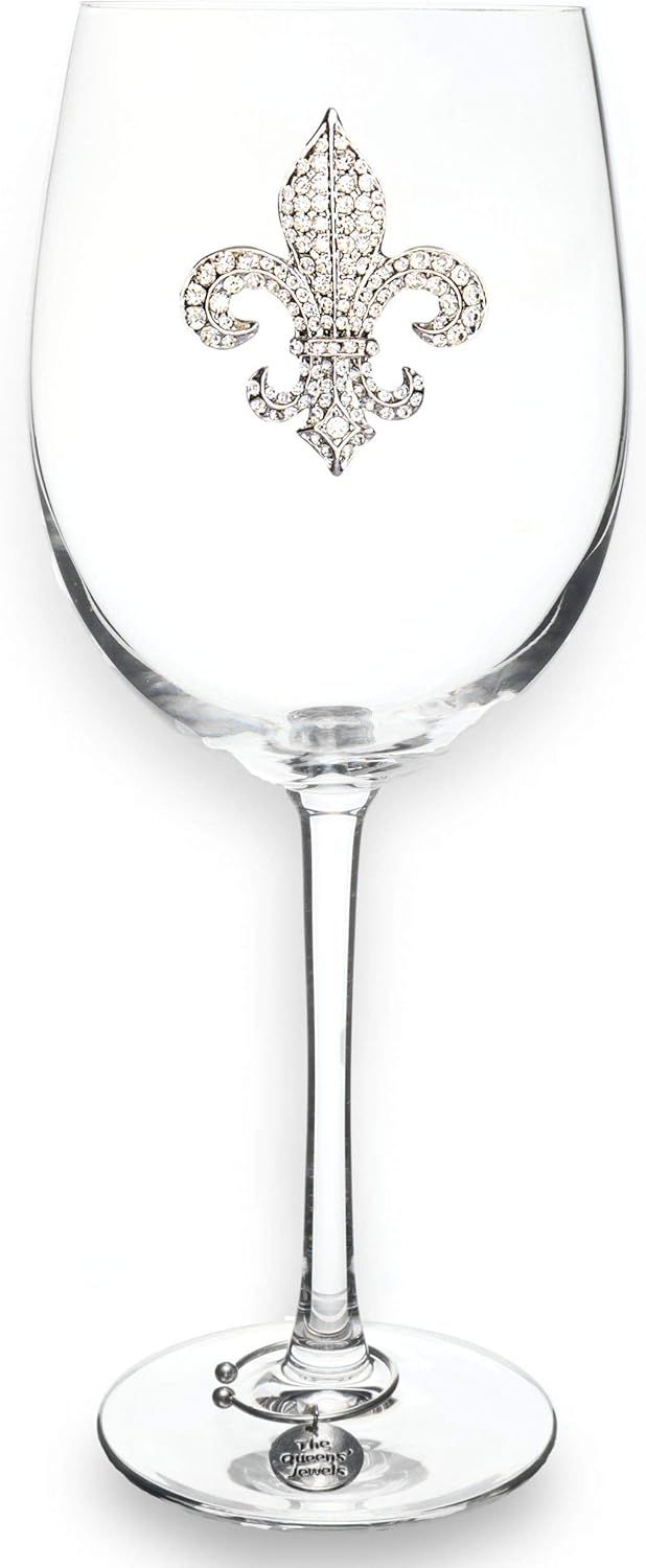 THE QUEENS' JEWELS Diamond Fleur de Lis Jeweled Stemmed Wine Glass, 21 oz. - Unique, Birthday, Cute, Fun, Not Painted, Decorated, Bling, Bedazzled, Rhinestone