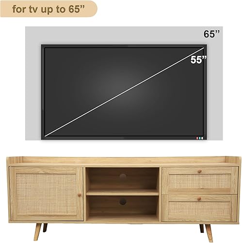 Miniatura 4 de SPACE SENSE Soporte de TV de mediados de siglo con puertas decoradas en ratán, armarios espaciosos y estante ajustable, mesa consola de TV de madera