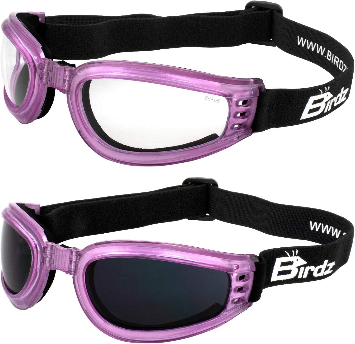 Birdz Eyewear 4 Pairs Cardinal Women's Padded Floating Motorcycle Goggles Purple & Pink frames with Clear & Super Dark lenses