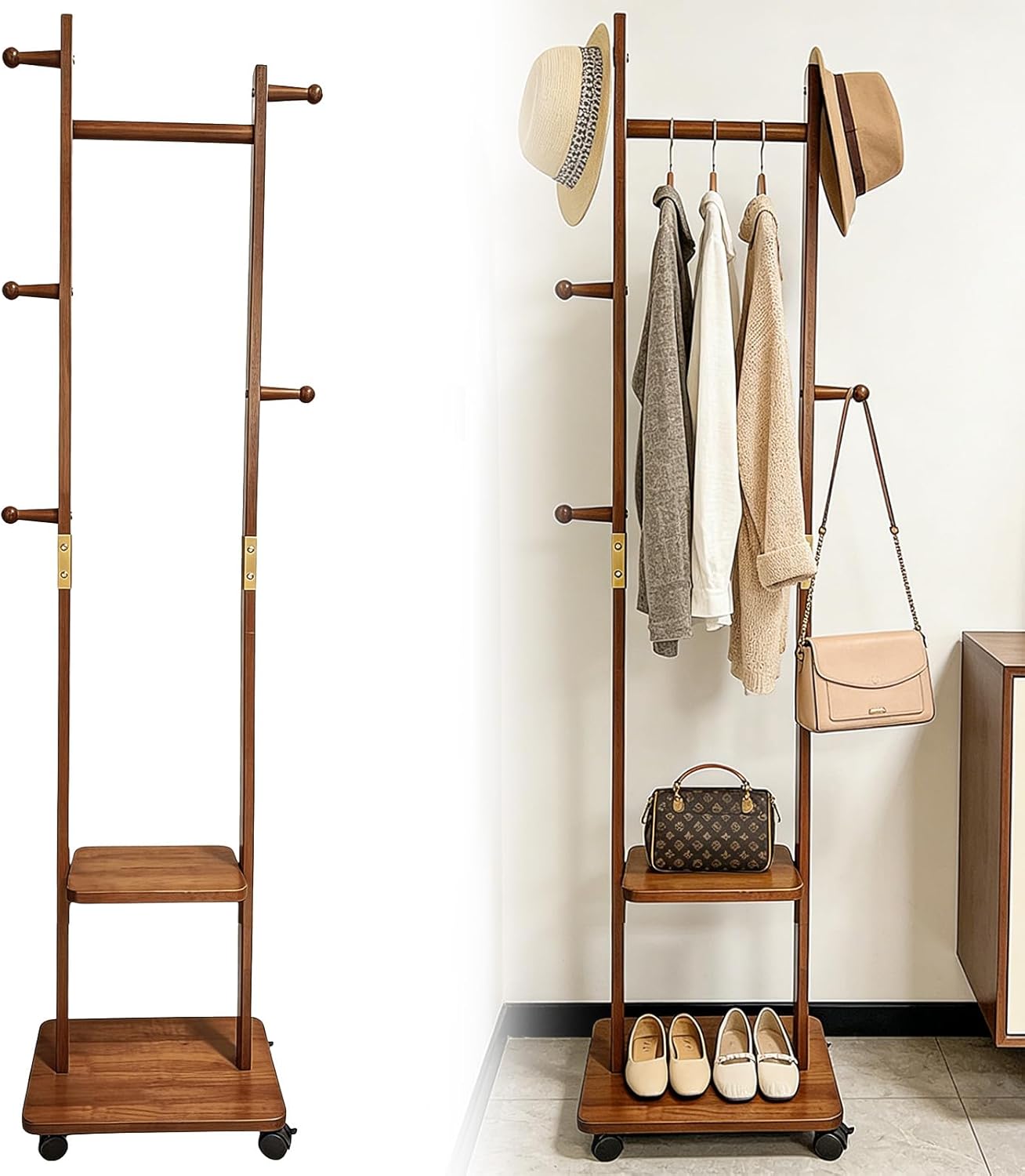 Coat Rack Freestanding Clothing Rack with Rolling Casters, 5 Hooks & 2 Storage Shelves, Heavy Duty Clothes Rack Wood Coat Tree Stand Hat Hanger Rack (Walnut Brown, 11.4" x 18.5" x 63")