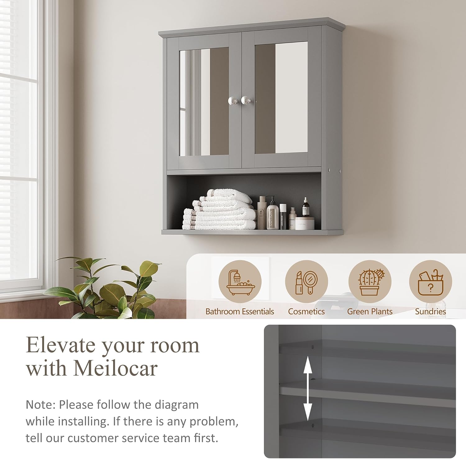 Walsunny Medicine Cabinet Mirror with Storage, Wood Bathroom Wall Cabinet with 2 Vanity Mirror Door and Adjustable Shelfs Wall Mounted for Rv Bathroom Restroom Kitchen, Grey