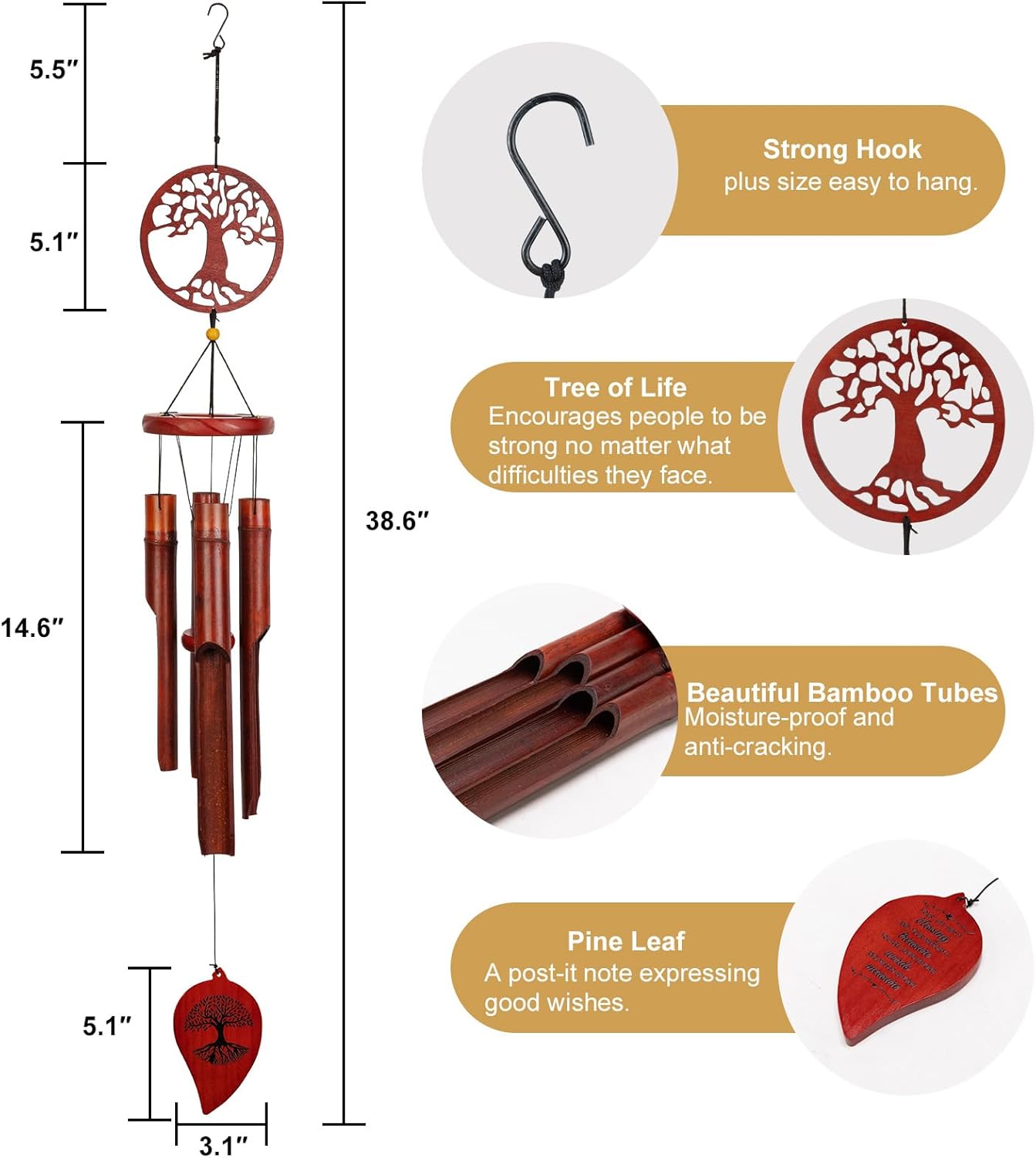 Bamboo Wind Chimes Outdoor, 38" Wooden Wind Chime for Outside Deep Tone Windchimes for Garden Hanging Home Décor Tree of Life Sympathy Memorial Gift for for Any Occasion