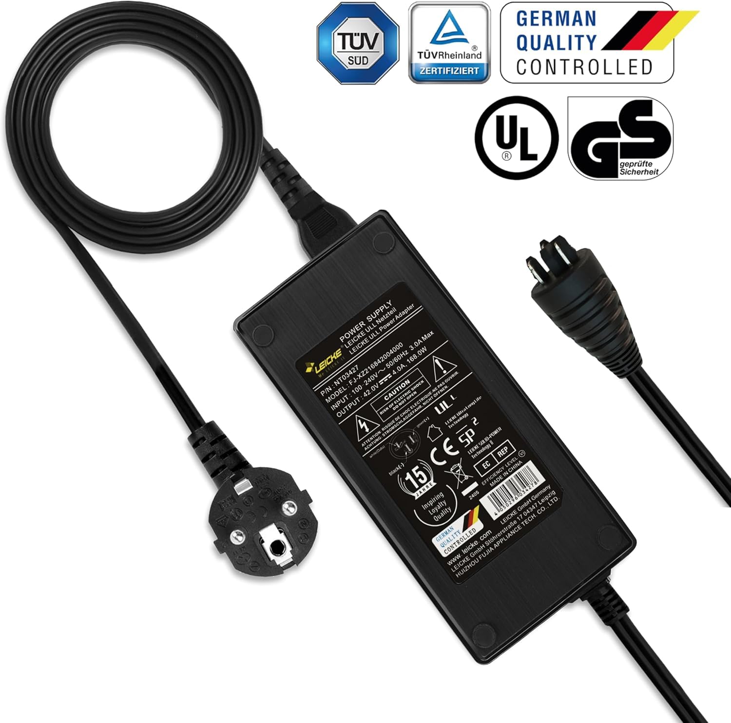 Chargeur 4A LEICKE pour Batterie Bosch 36V-42V Vélo Électrique - avec Prise Ovale 3-Broches - Compatible Active/Performance/Cargo Line