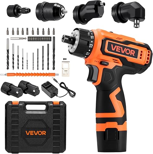 VEVOR Taladro inalámbrico, 5 en 1, mandril de metal, variable de doble velocidad, kit de taladro con 2 baterías de litio y cargador, caja de