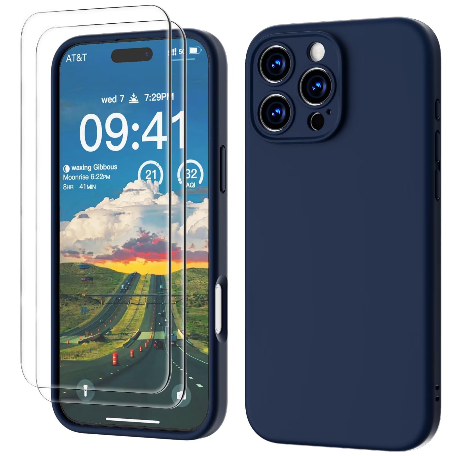 GOODVISH 3 in 1 Silicone Cover per iPhone 16 Pro 6.3", Custodia con 2 Pellicola Vetro Temperato [Protezione Fotocamera] 360° Protezione Anticaduta Case per Cellulare Antiurto Resistente, Navy Blu