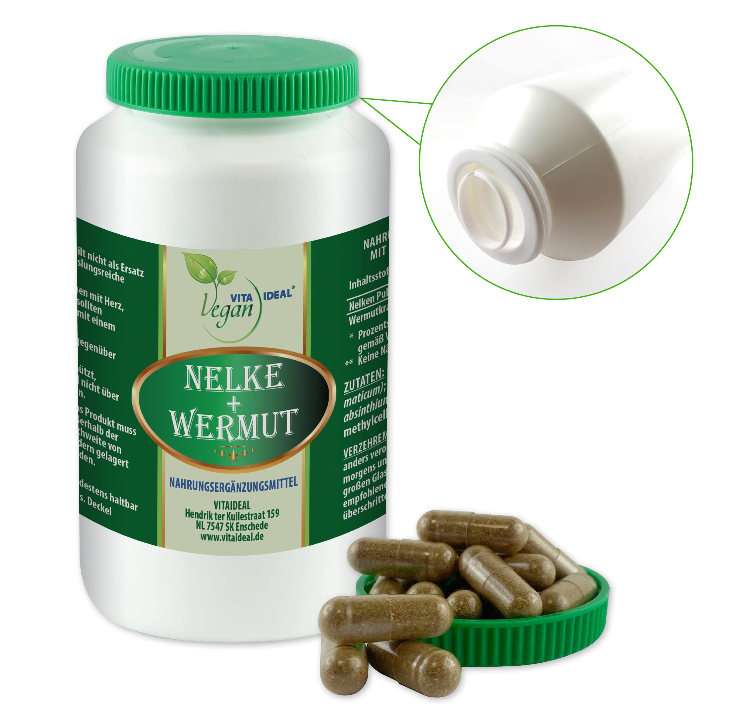 VITA IDEAL Vegan® Gewürz NELKE + WERMUTKRAUT 360 KAPSELN - Artemisia absinthium - Tagesportion 700mg GEWÜRZNELKE + WERMUT - KRAUT reines Pulver. Natürlich, pflanzlich & ohne Zusatzstoffe.