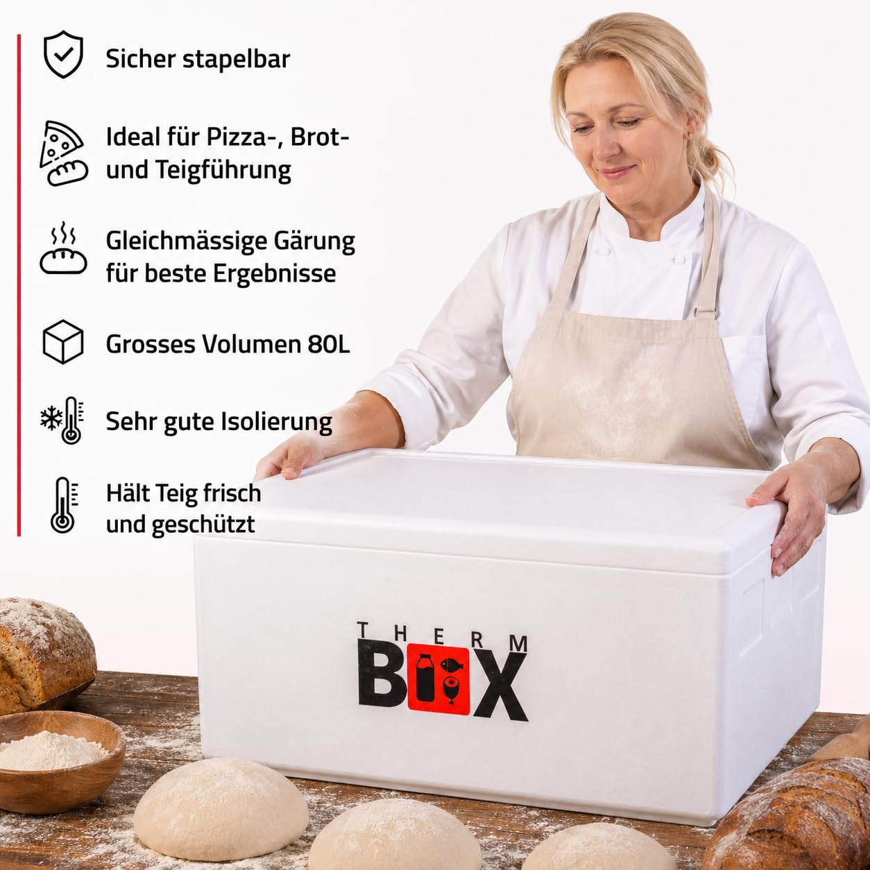 THERM BOX Contenitore per fermentazione da 80 W, in polistirolo, 80 litri, interno 62,5 x 44 x 30 cm, spessore parete 3 cm, contenitore termico, contenitore termico, contenitore termico riutilizzabile