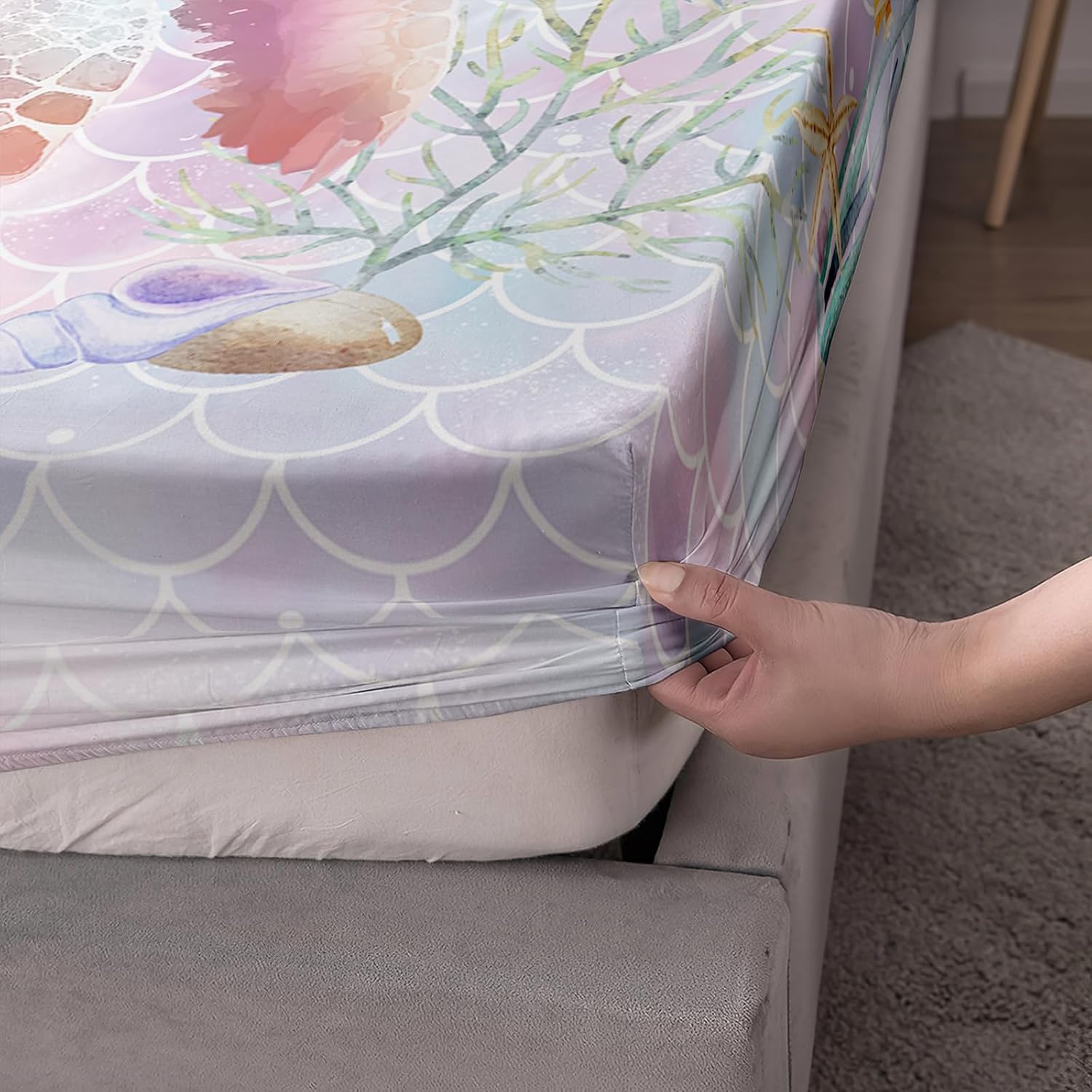 Axolotl Set Turtle Fitted Sheet Twin,Mermaid Fish Scales Sheets,Sea Turtle Bedding Set Sealife,Ocean Beach Themed Sheet,Rainbow Bedding for Kids Girls Teens,1 Flat Sheet 1 Fitted Sheet 2 Pillowcases