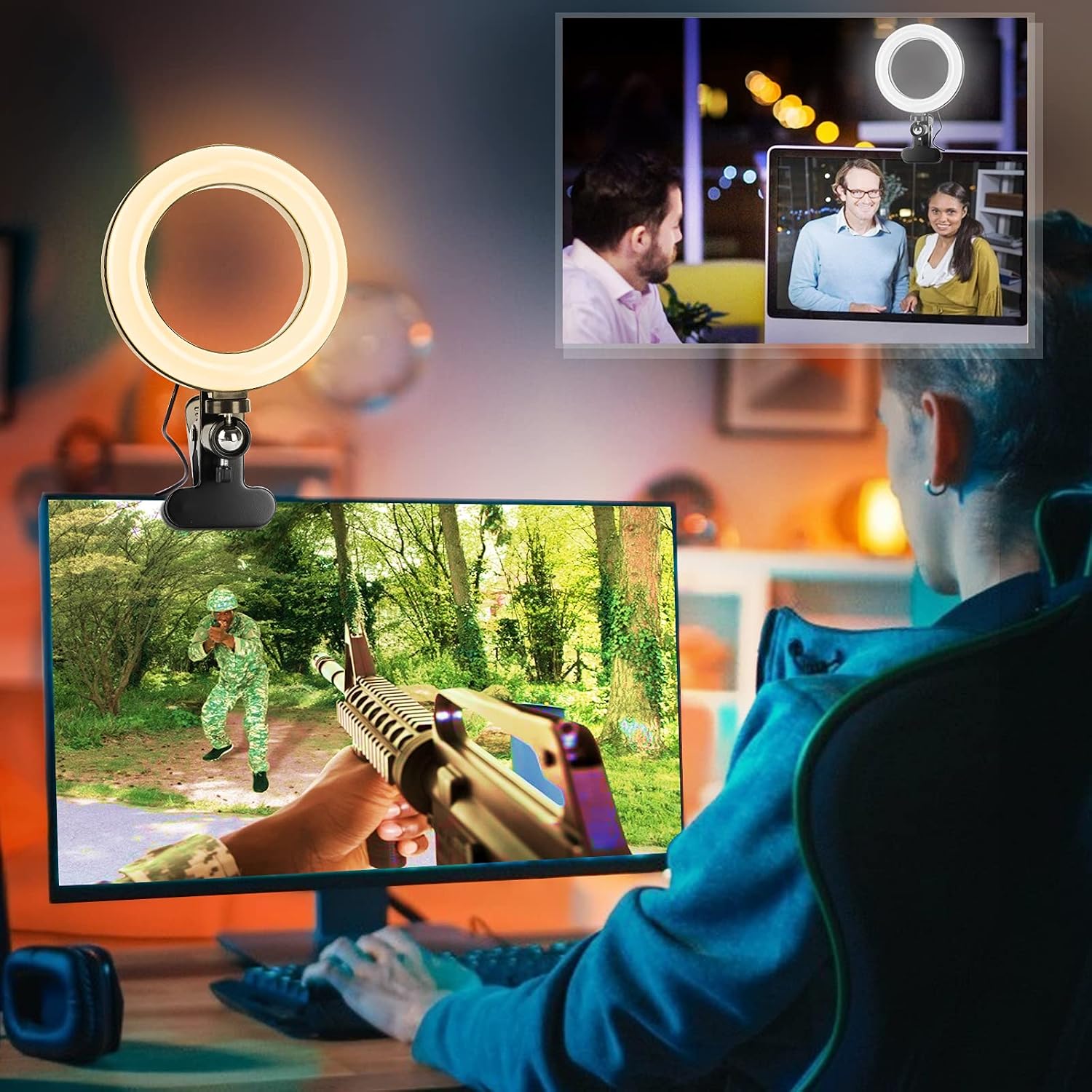 Video Conference Lighting, Ginave Ring Light for Laptop with Clip and Detachable 360 ° Flexible Gooseneck LED Desk Light, Zoom Lighting, Webcam Light,for Computer Monitor/Bed/Study Reading/Work