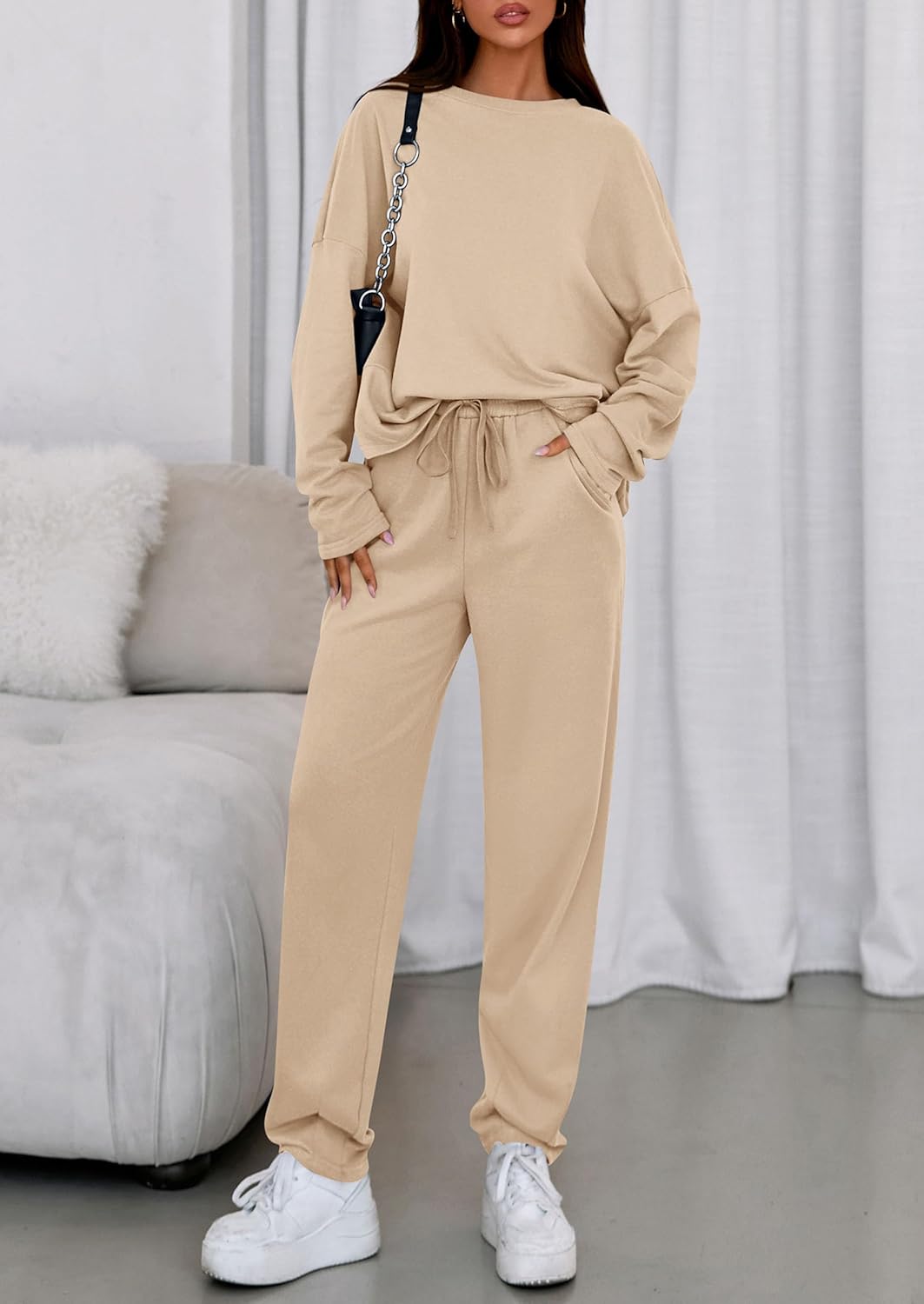 PRETTYGARDEN Womens 2 Piece Matching Lounge Sets 2025 Fall Long Sleeve Boatneck Sweatsuit Drawstring Sweatpants Pockets - Image 5