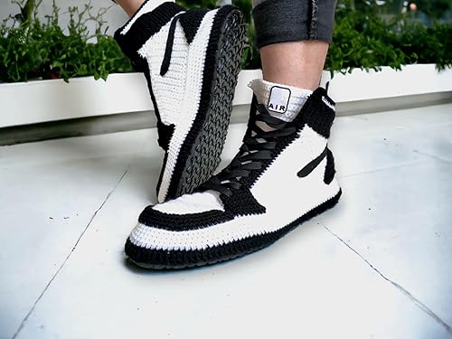 Miniatura 2 de Handmade Jordan Zebra Crochet Basketball Slippers, Retro Knitted Plush High-Top Shoes, Cozy Unisex Indoor Booties, Soft Warm House Boots, Men - Women