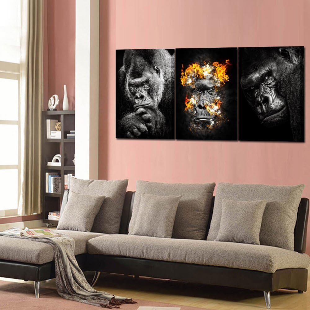 KREATIVE ARTS 3 Pieces Canvas Prints Western Lowland Gorilla Black White Animals Poster Art Prints Picture Printed on Canvas Framed and Stretched Ready to Hang for Office Wall Decor 16x24inchx3pcs