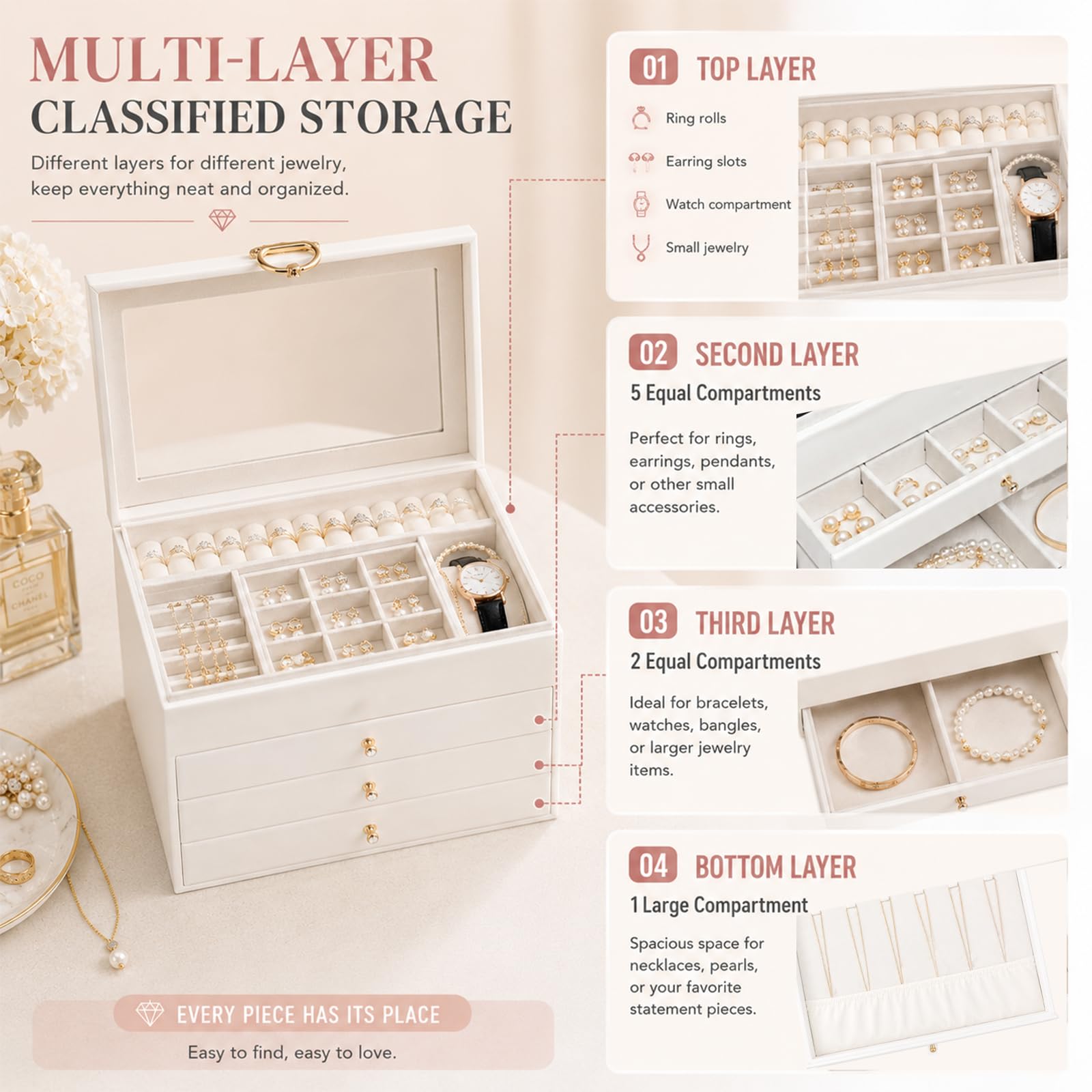 Caja Joyero de 4Niveles con Tapa de Vidrio para Pendientes,Anillos