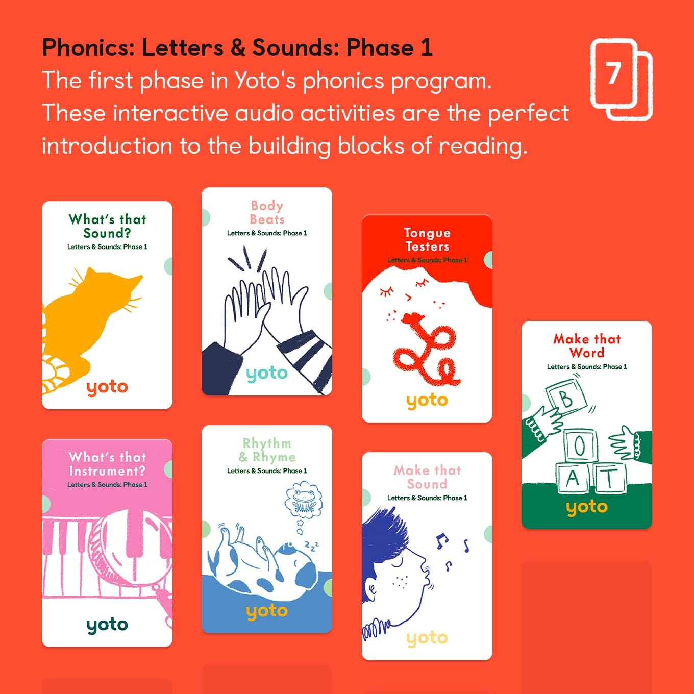 YOTO Phonics: Letters & Sounds: Phase 1 – Kids 7 Audio Cards for Use with Player & Mini All-in-1 Audio Device, Educational Screen-Free Listening with Fun Interactive Learning Activities, Ages 3+