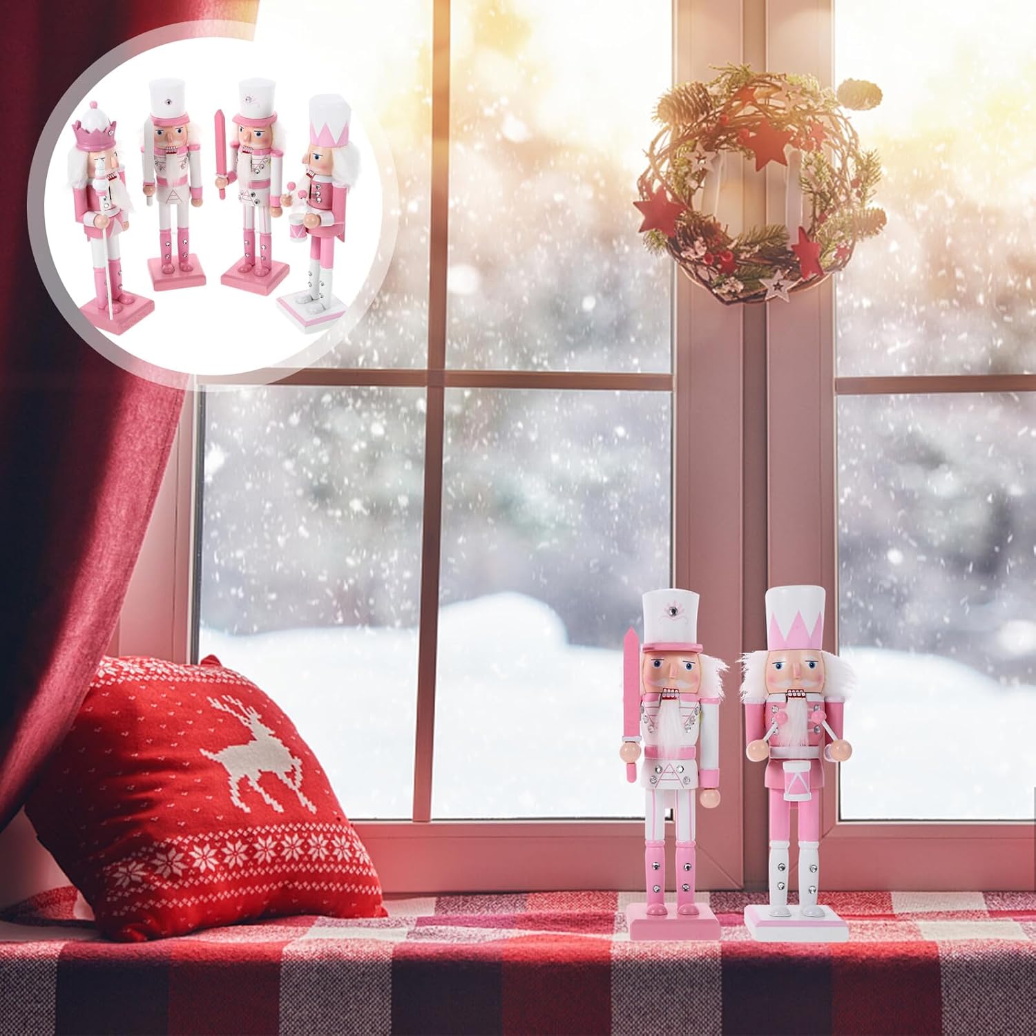 Veemoon 4pcs Christmas Nutcracker Decoration Set Wooden Nutcracker Puppets 24cm Pink Xmas Tabletop Ornament Holiday Decor