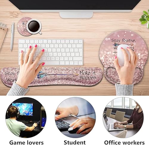 Miniatura 2 de Juego de reposamuñecas para teclado y mouse pad ergonómico para computadora, juegos, oficina, cómodo y alivio del dolor + posavasos, mantente