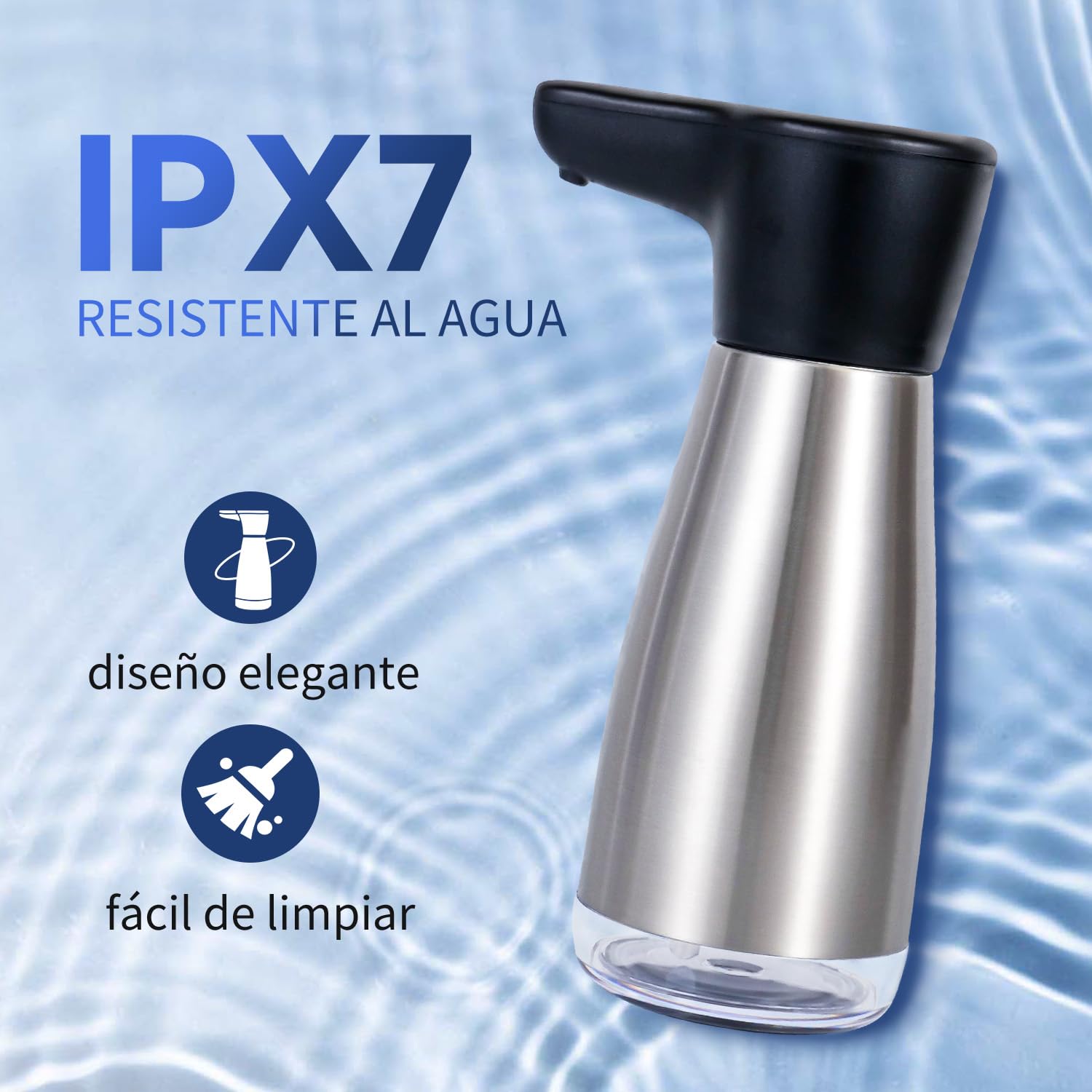 AIKE Dispensador Automático de Jabón Líquido con Carga Magnética, 420 ml en Acero Inoxidable, Resistente al Agua IPX7, para Cocina y Baño, AK1337 (Cepillado)