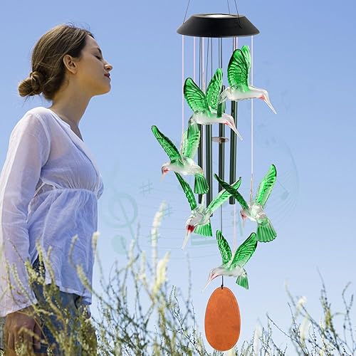 Vista 5 de Campanilla de viento solar de colibrí que cambia de color al aire libre, decoración de jardín, regalo de abuela, regalos para mamá, regalos