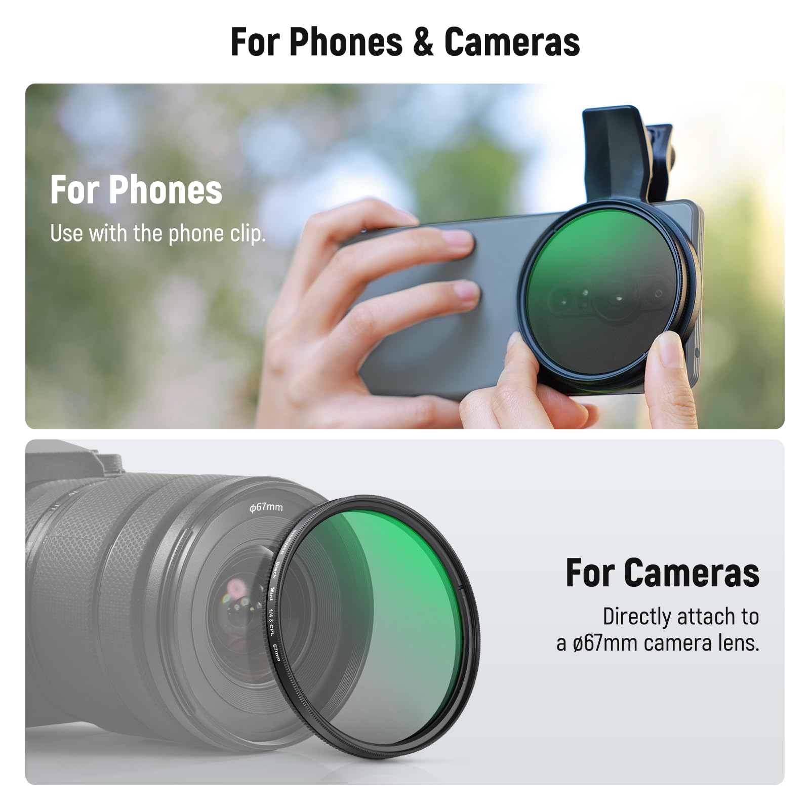 NEEWER 2in1 67mm Filtro CPL e Balck Diffusion 1/4 a Clip Compatibile con Samsung S25 Ultra Google Pixel Huawei Xiaomi,Polarizzante Circolare per Obiettivo Telefono,Kit Accessori per Fotografia,FL-B36