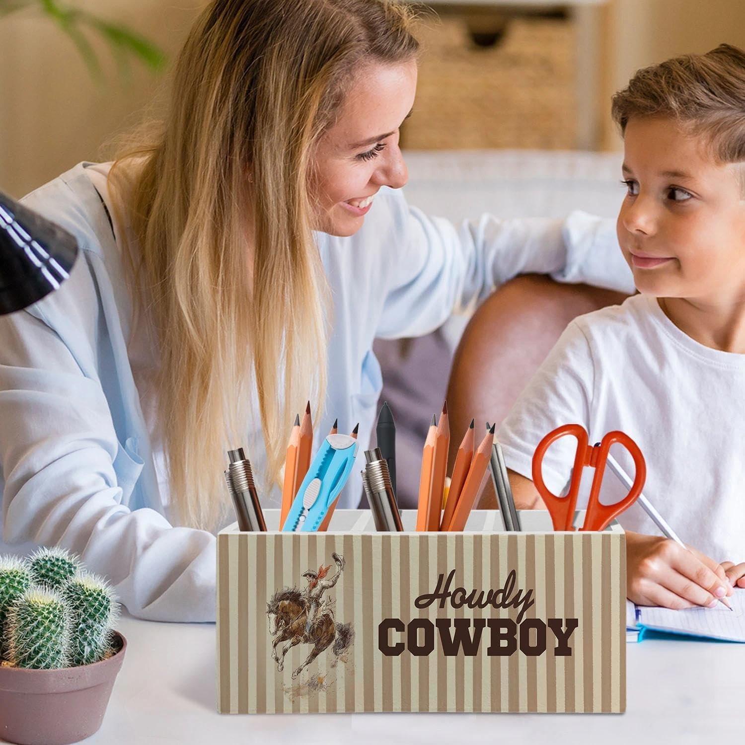 Western Cowboy Pen Pencil Holder Organizer for Desk Accessories, Cowboy Gifts, Brown Striped Western Horse Rodeo Wooden Box Signs Decorations for Office Home Desk Tabletop image 3