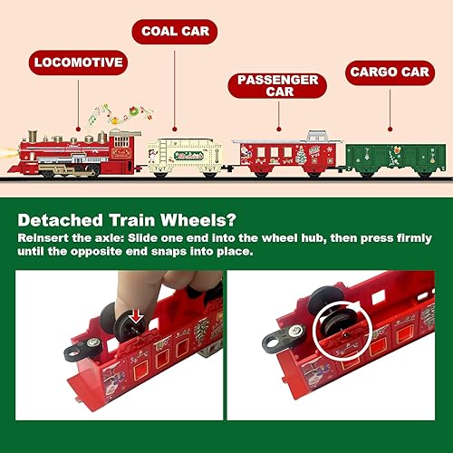 Miniatura 7 de JUQU - Juego de tren eléctrico con locomotora, autos y pistas, mini tren para debajo del árbol de Navidad, modelo de tren para niños con luz y
