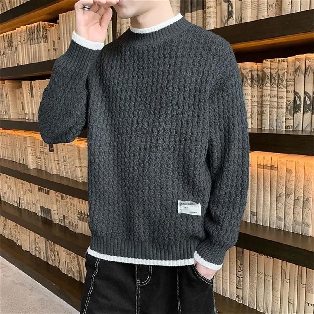 [Ornrjfll] メンズニットセーターファッションコントラストクルーネックパッチワークプルオーバーシックツイストセーター