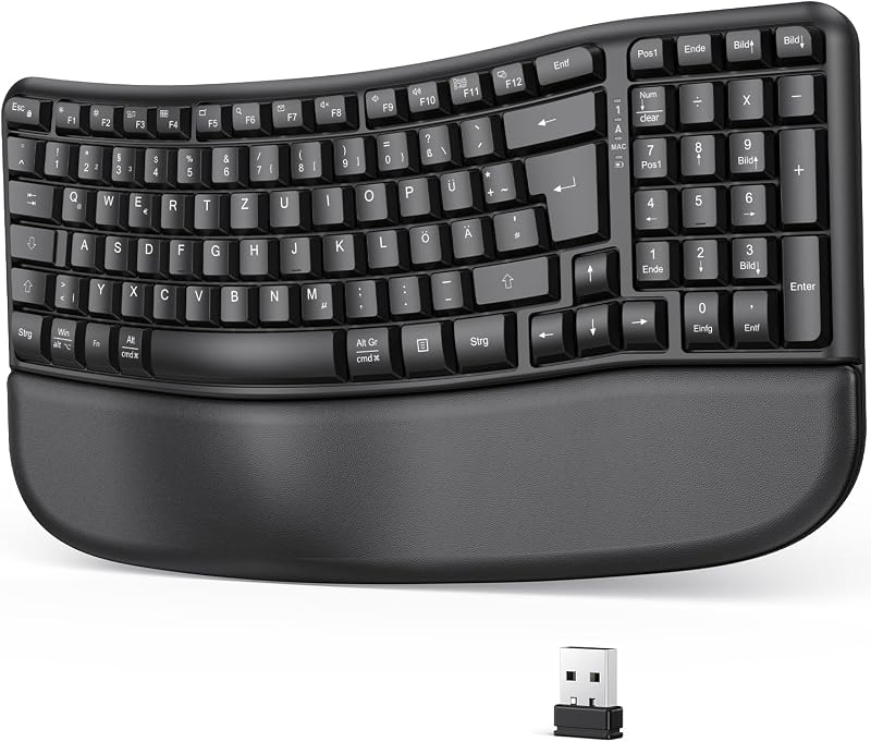 OMOTON Vezeték Nélküli Ergonomikus Billentyűzet - Wave Keys, 2.4G USB, Csuklótámasztóval, Német QWERTZ Kiosztás, Fekete