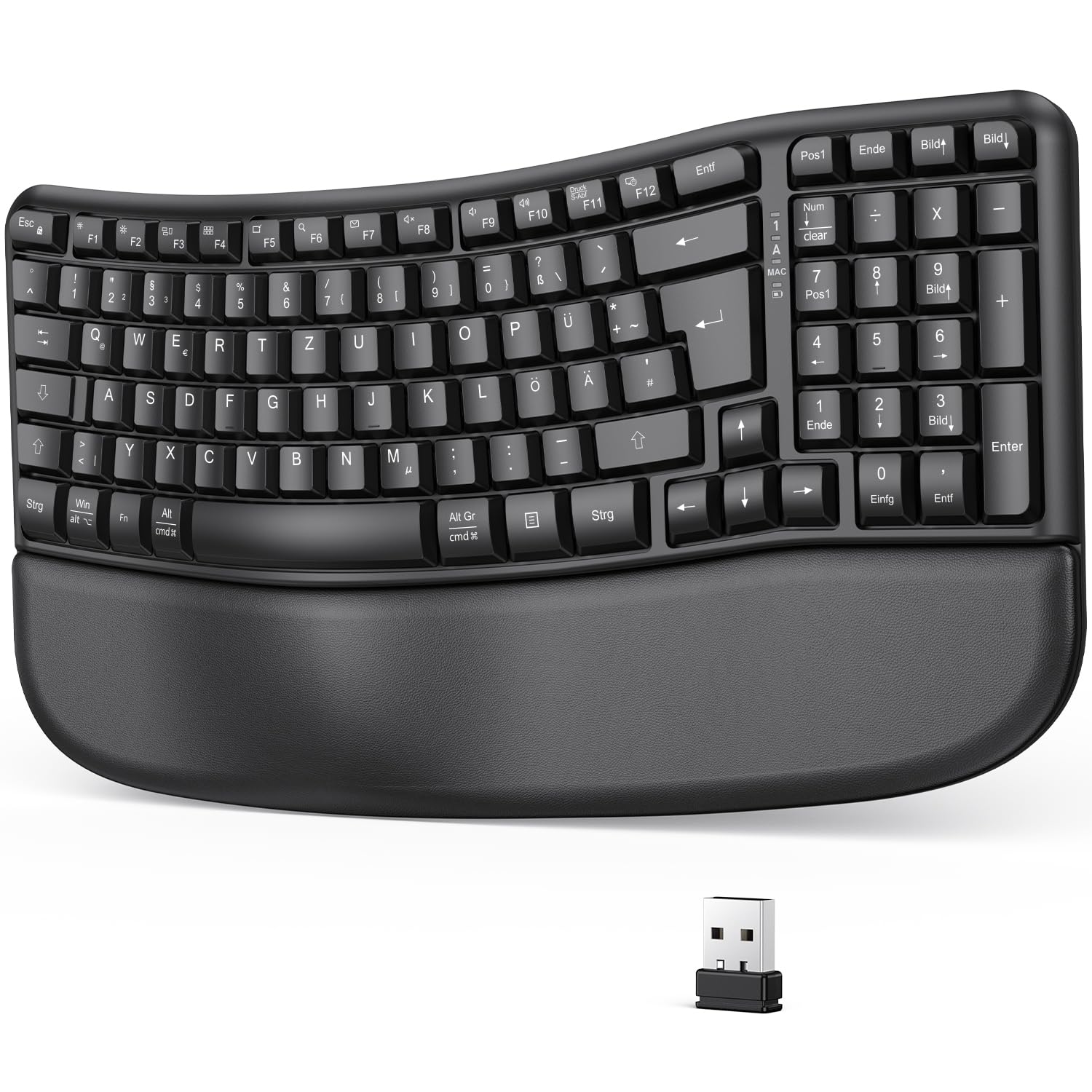 OMOTON Kabellose Tastatur Ergonomisch Wave Keys, QWERTZ-Schwarz | Ideal für Büro und tägliche Nutzung, 2,4 GHz USB-Verbindung, PC Tastatur mit Handballenauflage
