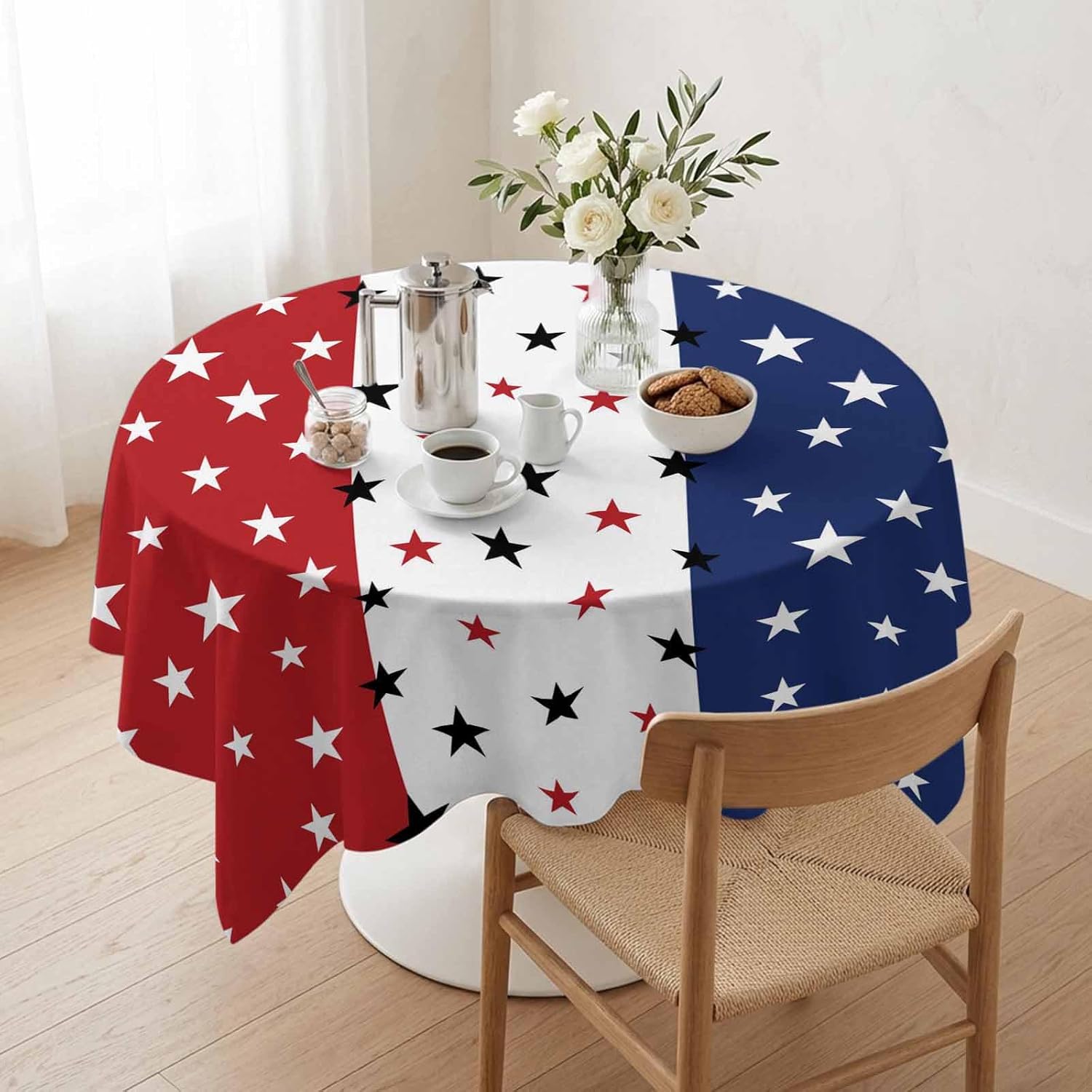 Vandarllin July 4th Tablecloths Red White Blue Waterproof Polyester Table Covers Decor for Square/Round Table,Home Dining,Outdoor,Party,Oil Proof,60"x60" Independence Day Americana Stars