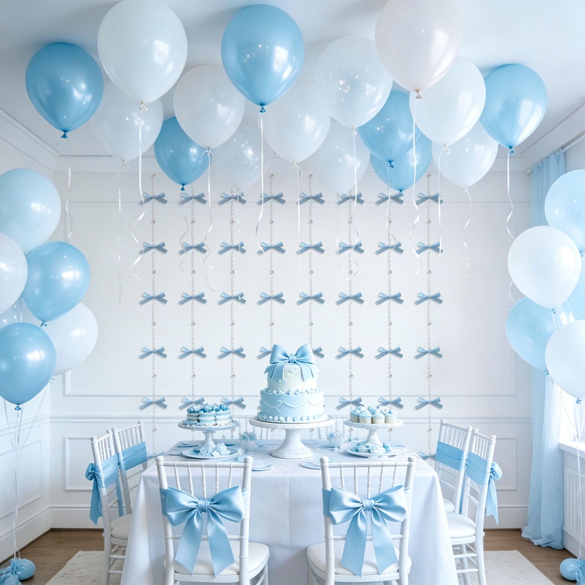 8 PCS Blue Bow Garland Banner Coquette Ribbon Party Decorations for Birthday Bridal Shower Wedding Engagement Baby Shower Supplies