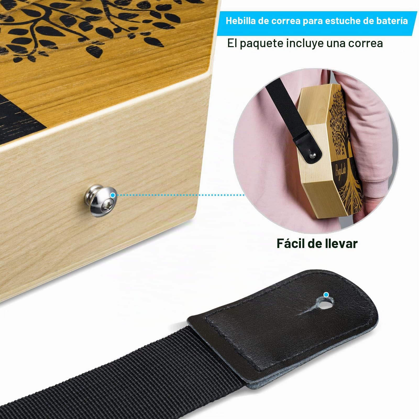 POGOLAB Cajón de dos tonos, tambor de madera portátil de viaje con correa ajustable, fácil de llevar, apariencia única, hermoso instrumento de percusión (marrón natural)