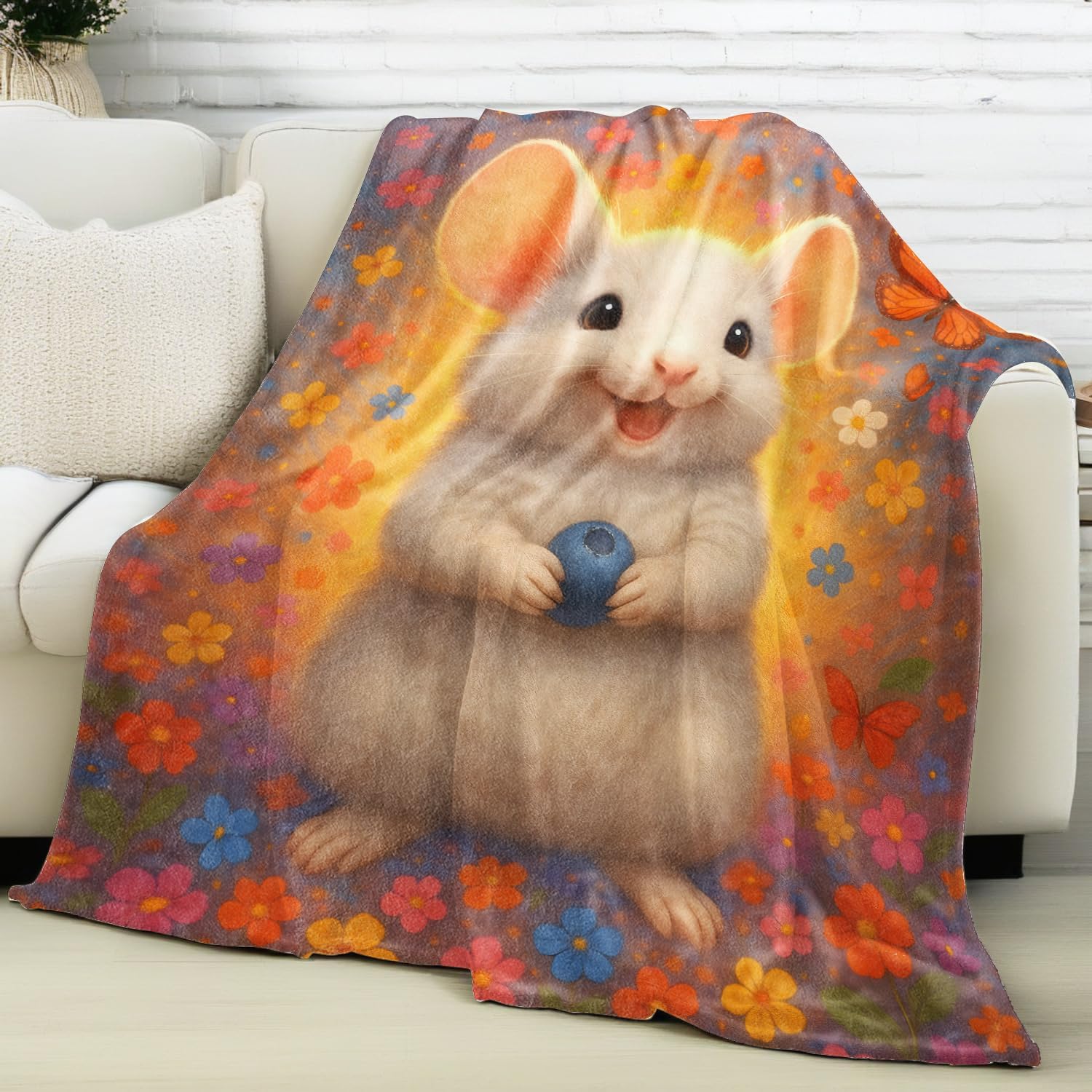 Cute White Mouse Blanket Lightweight Flannel Blankets Gifts for Women Animal Holding Blueberry with Colorful Flower and Butterfly Printed Throw for Couch Chair Office Bedroom Decor, 80x60inch