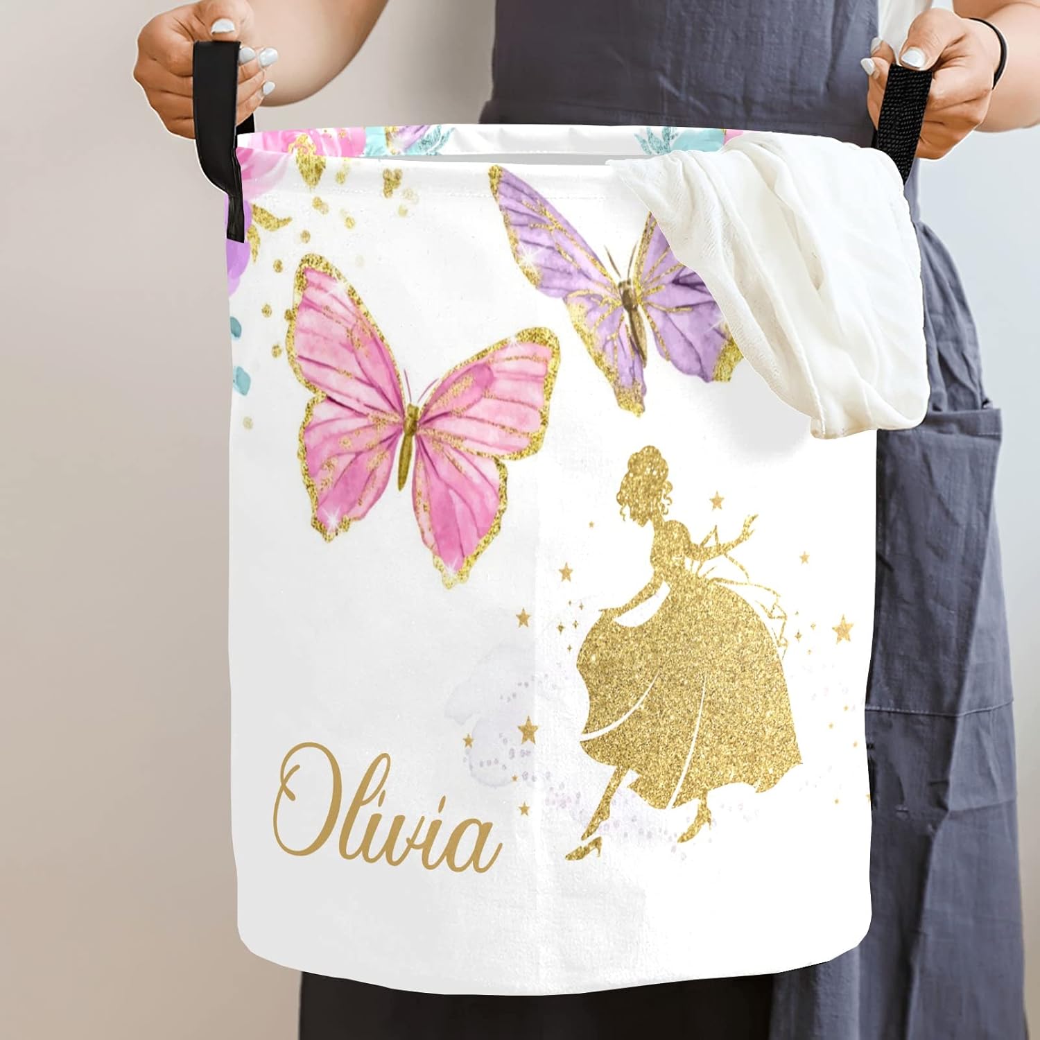 Fairy Butterfly Personalized Laundry Basket Clothes Hamper with Handles Waterproof,Collapsible Laundry Storage Baskets for Bathroom,Bedroom Decorative
