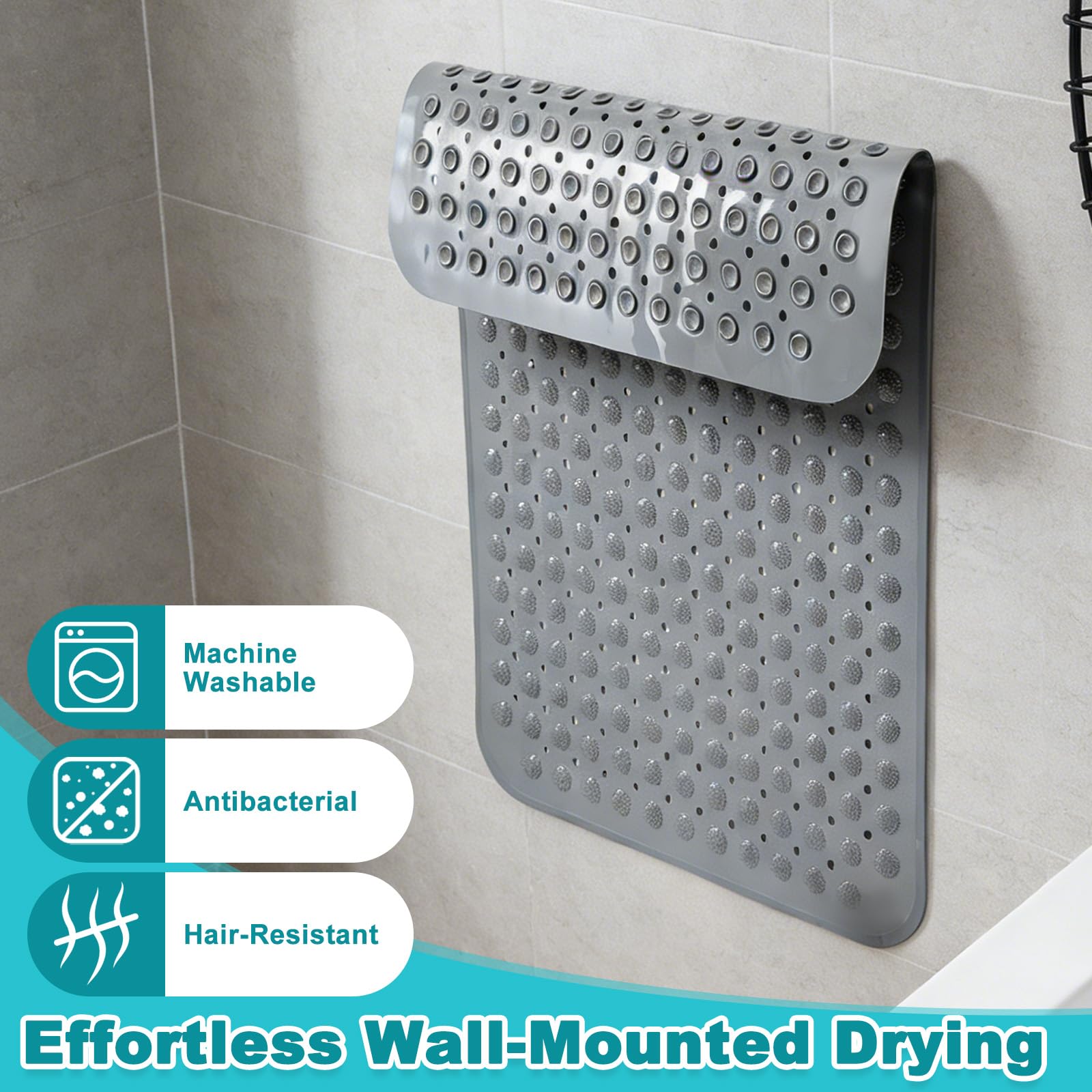 Alfombrilla Ducha Antideslizante con Ventosas y Agujeros Drenaje y 5 Ganchos, Alfombra Ducha PVC 80x120cm, Esterilla Masaje Bañera Baño Cuadrada Lavable Máquina para Saunas y Duchas Zonas Húmedas