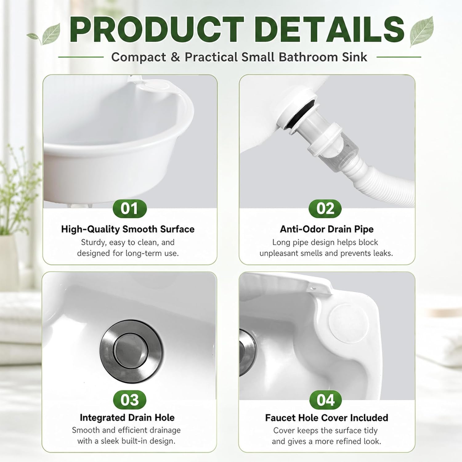 Small Bathroom Sink,Wall Mount Sink 11.8 x 8 Inch Plastic Wash Basin with No Drill Self Adhesive Installation for Camper Garage Dorm Home Kitchen Utility Hand Washing Station(White)