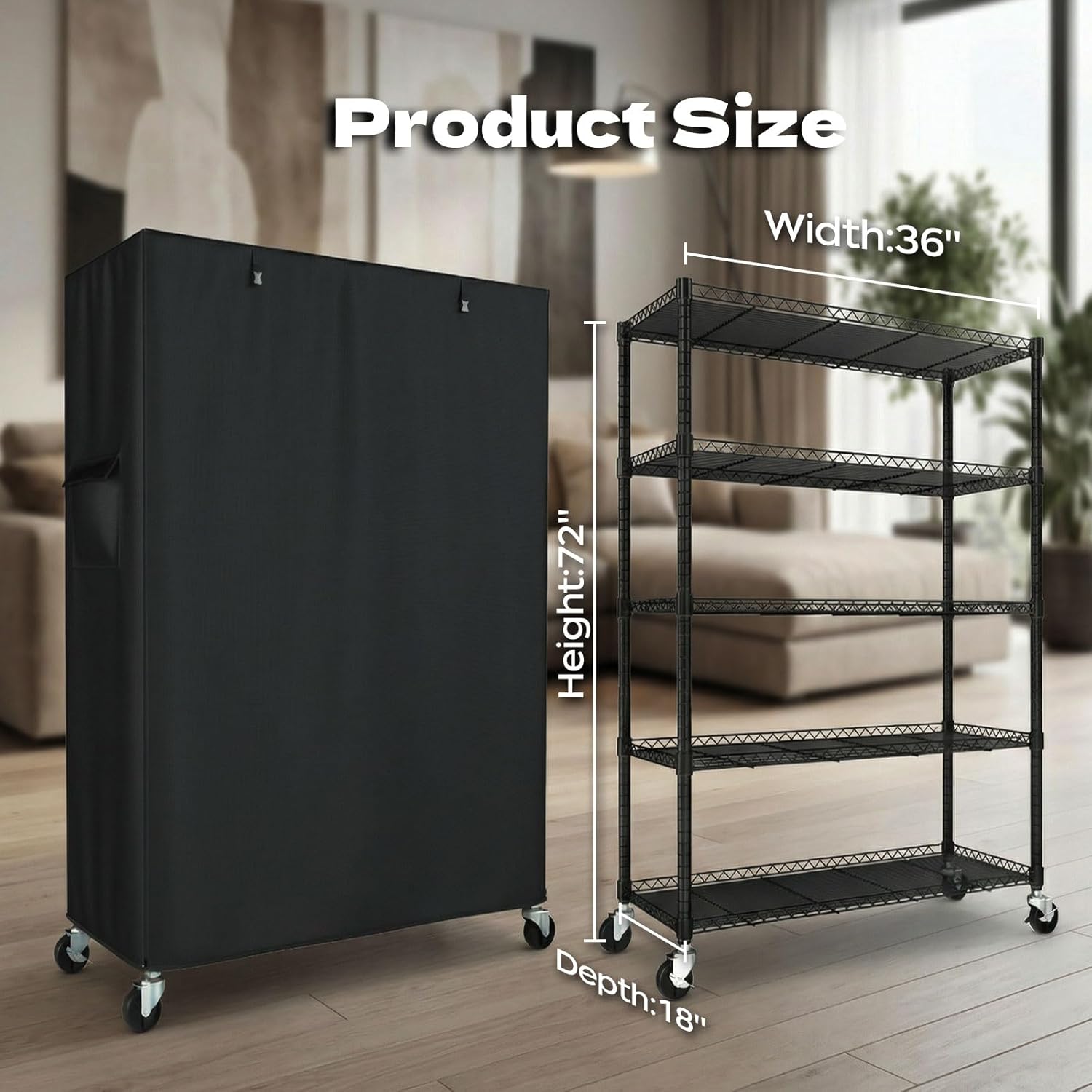 Wire Shelving Unit with 600D Oxford Cover, 36" W x 18" D x 72" H, 5-Tier Heavy Duty Rolling Shelf Rack on Wheels for Garage, Basement & Warehouse