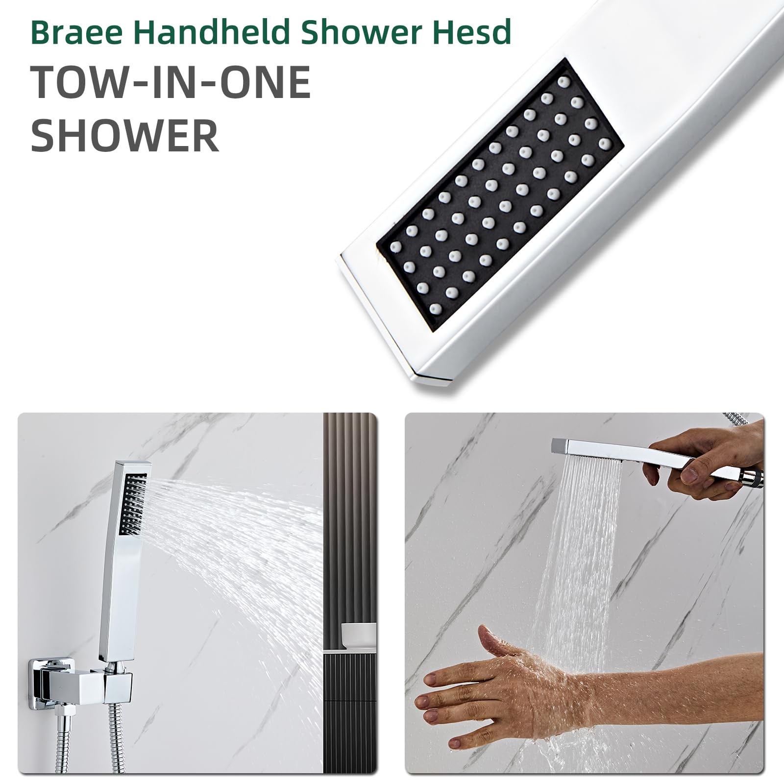 Cabezal de ducha de mano cuadrado de latón macizo cromado con conector de pared y sistema de manguera, montaje en pared, juego de cabezales de ducha de mano