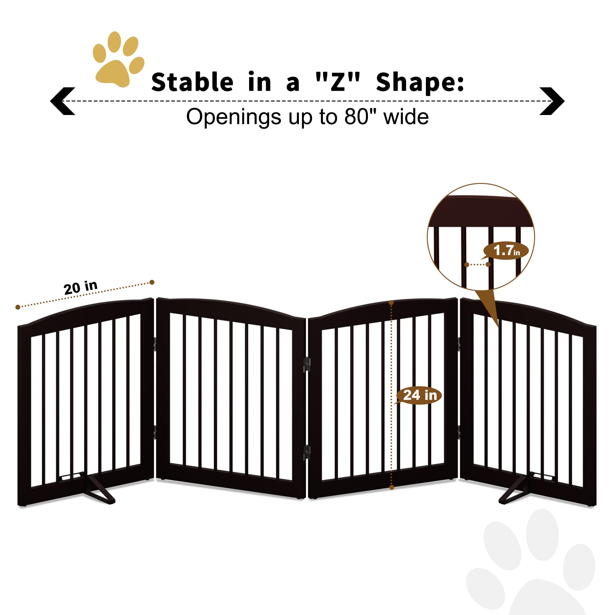 PUPETPO Freestanding Pet Gate for Dogs, Foldable Wooden Dog Gate for House, Indoor Dog Gate for Stair, Doorway,Hall, Step Over Pet Puppy Safety Fence, 80 Inch Wide, 4 Panel 24",Brown