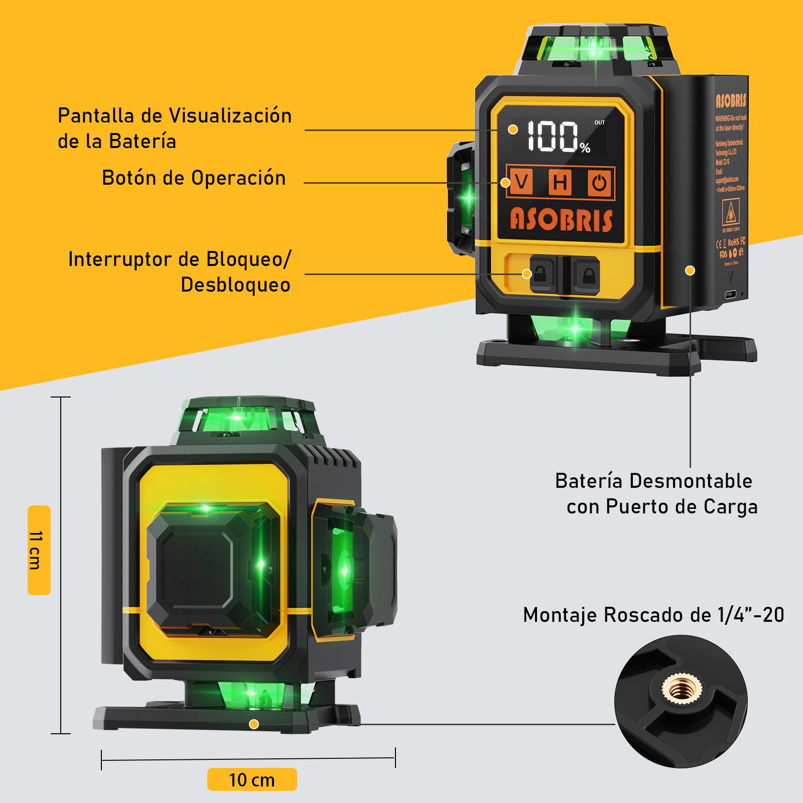 Nivel Laser Autonivelante 360 Grados Con Tripode,ASOBRIS Nivel Láser 4D Verde 16 Líneas,2 x 360 Horizontal y 2 x 360 Verticales,2 Batería Laser Level Para Construcción Exterior Función de Pulso (1)