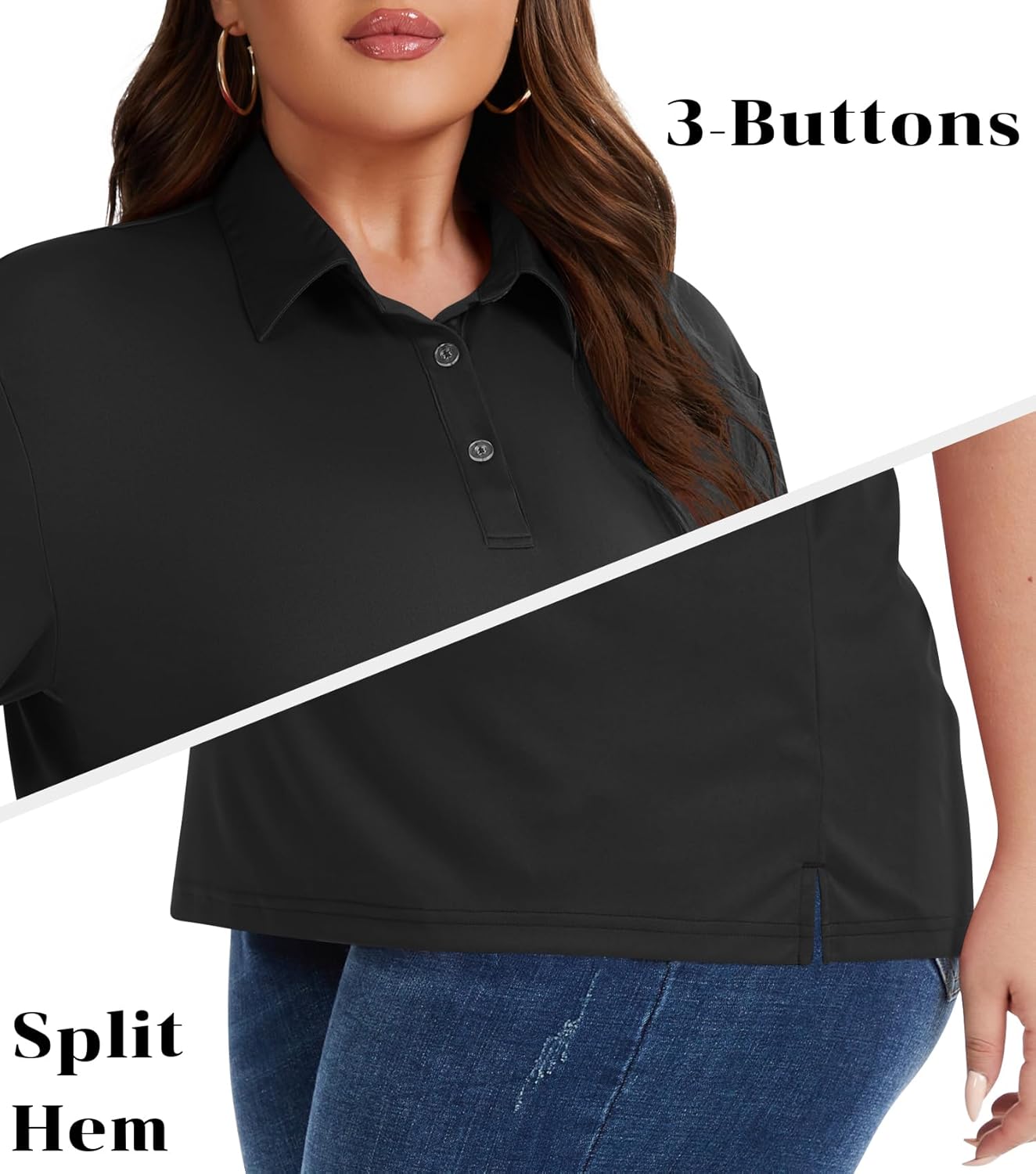 Idtswch Women's Plus Size Polo Shirts UPF 50+ Casual Work Quick Dry 3 Buttons Short Sleeve Collared Golf Shirt (XL-6XL) Black 5XL - Image 5