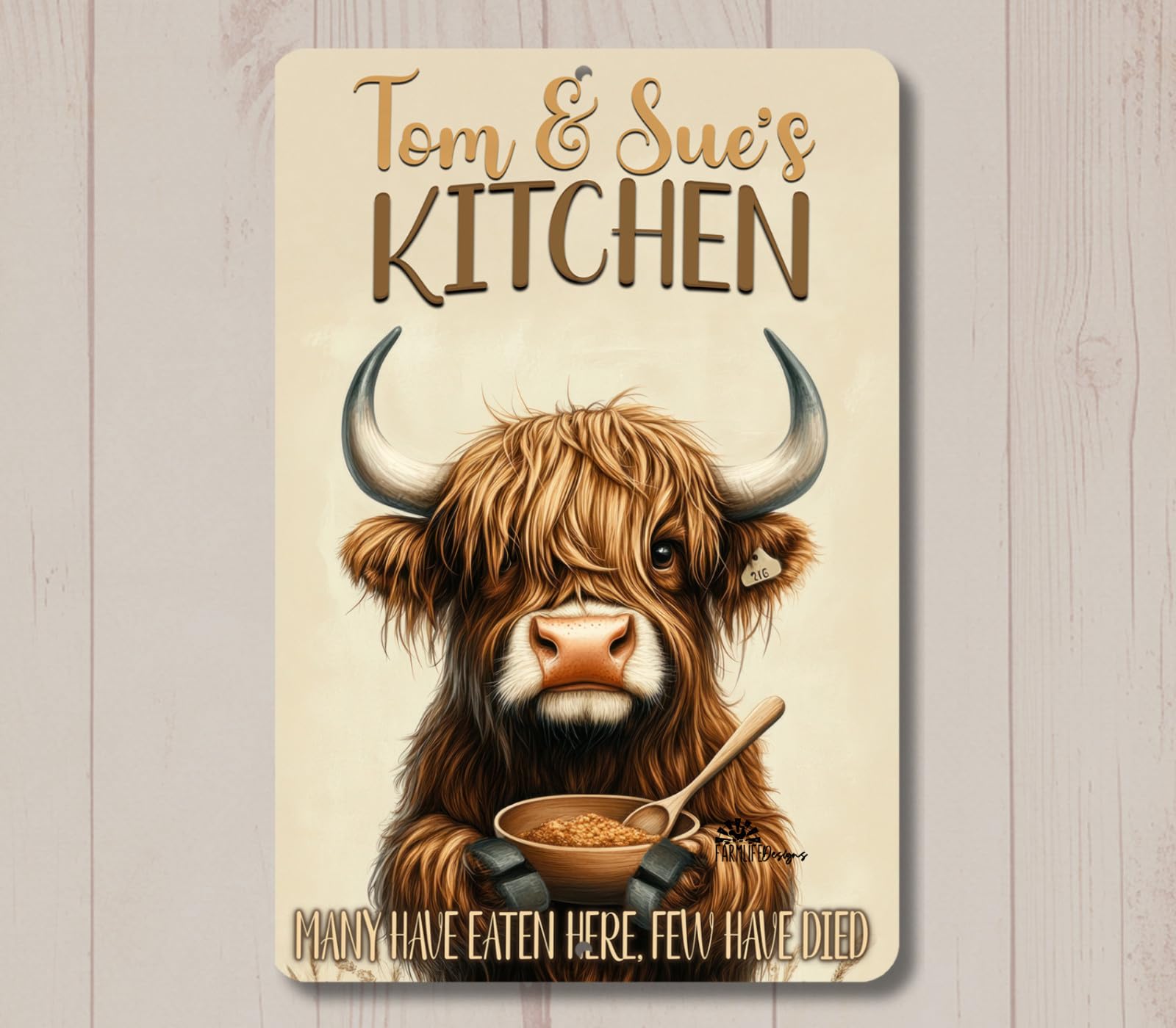 Highland Cow Personalized Kitchen Sign metal wall art tin custom name slogan home decor