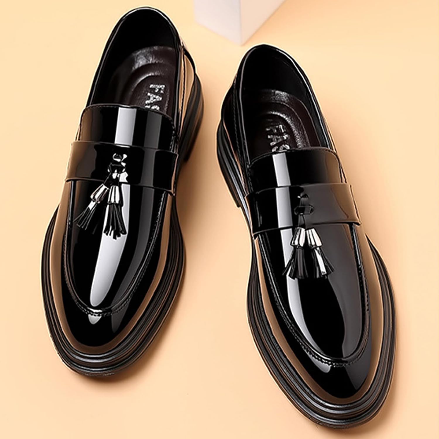 Mens Patent Leather Tassel Loafers Fashion Comfy Slip On Low Block Heel Penny Shoes for Dressy Business Work Party Prom