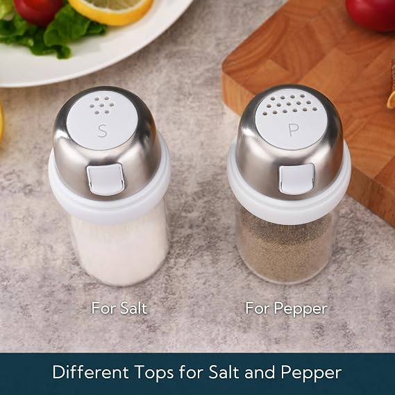 KTCHENDAO 2 in 1 Glass Salt and Pepper Shaker with Side Pour Spout, Built-in Lid for Moisture-proof, Elegant Borosilicate Glass Salt Pepper Dispenser set for Kitchen, BPA Free, 4oz (White)