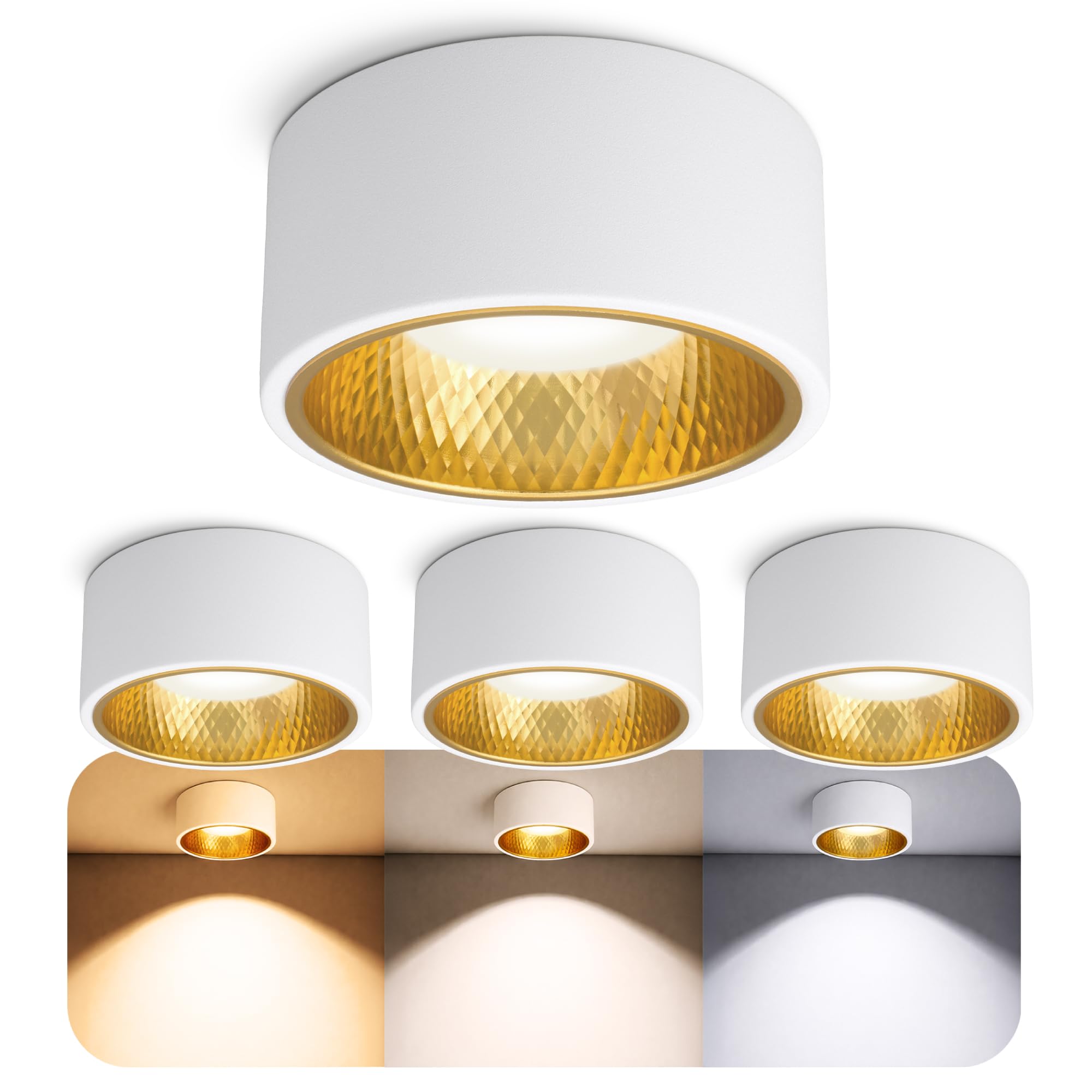 SSC-LUXon 4 Stück OLINO Deckenlampe weiß rund wechselbare Front gold + silber - Aufbaustrahler warmweiß mit LED Lampe GX53 230V