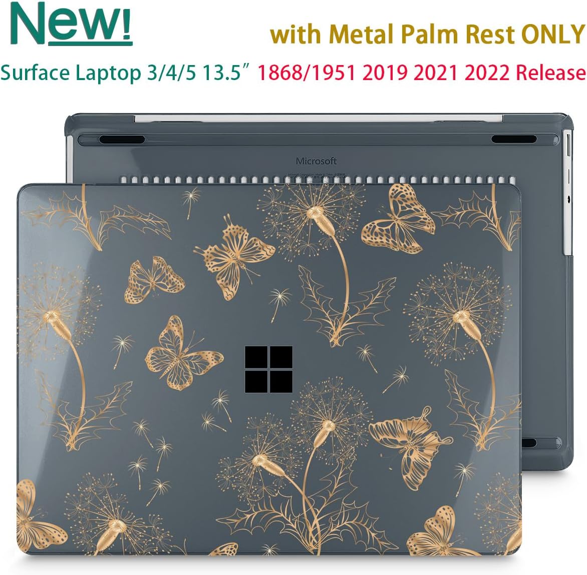 Case for 13.5" Microsoft Surface Laptop 5/4/3 with Metal Palm Rest ONLY 2019-2022 Release Models:1868/1951, Plastic Hard Shell Case with Keyboard Cover & Screen Protector, Butterflies