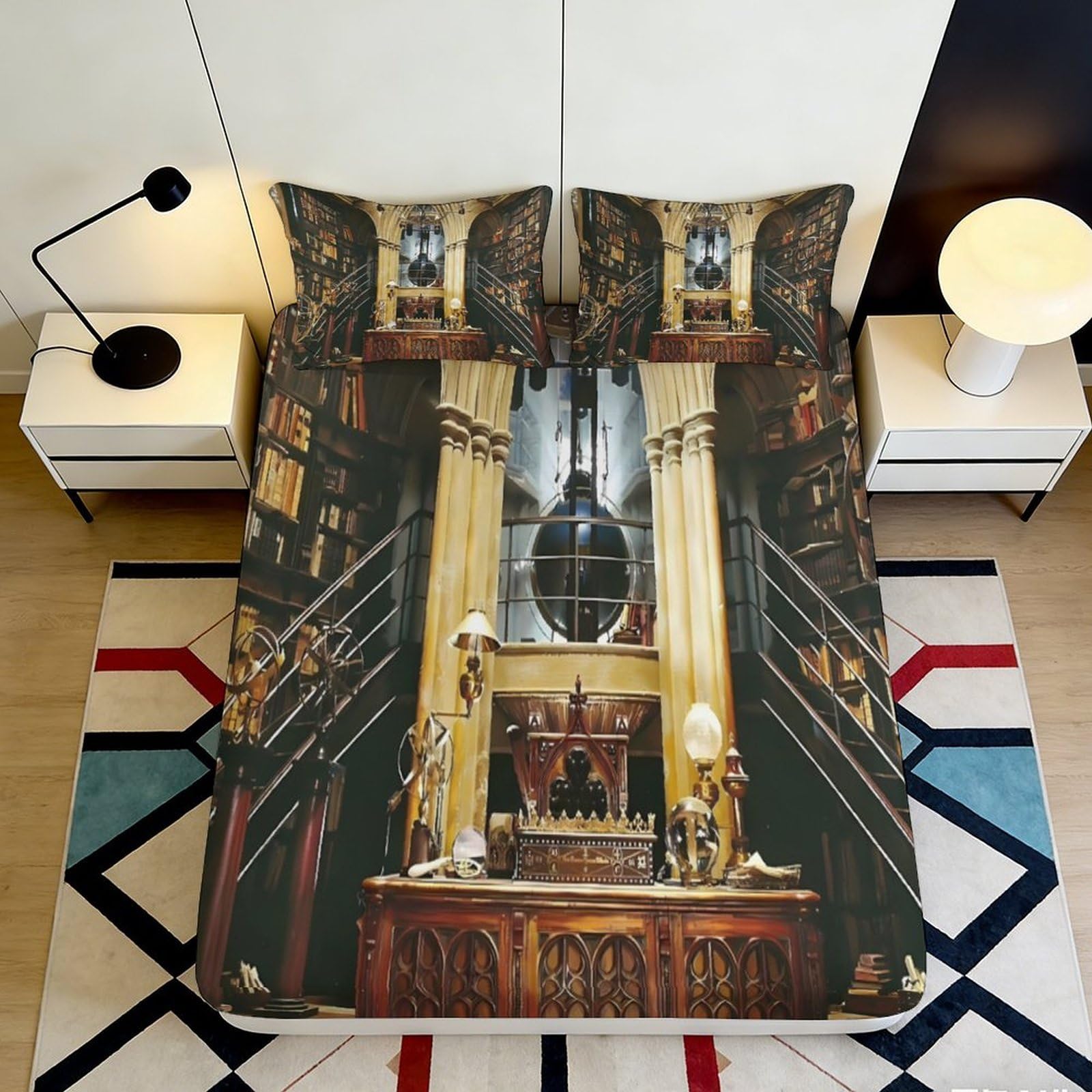 3D Printed Vintage Library Fitted Sheet Microfiber Artistic Bookcase Bed Cover for Bedroom Guest Room Decor 90x200x25cm