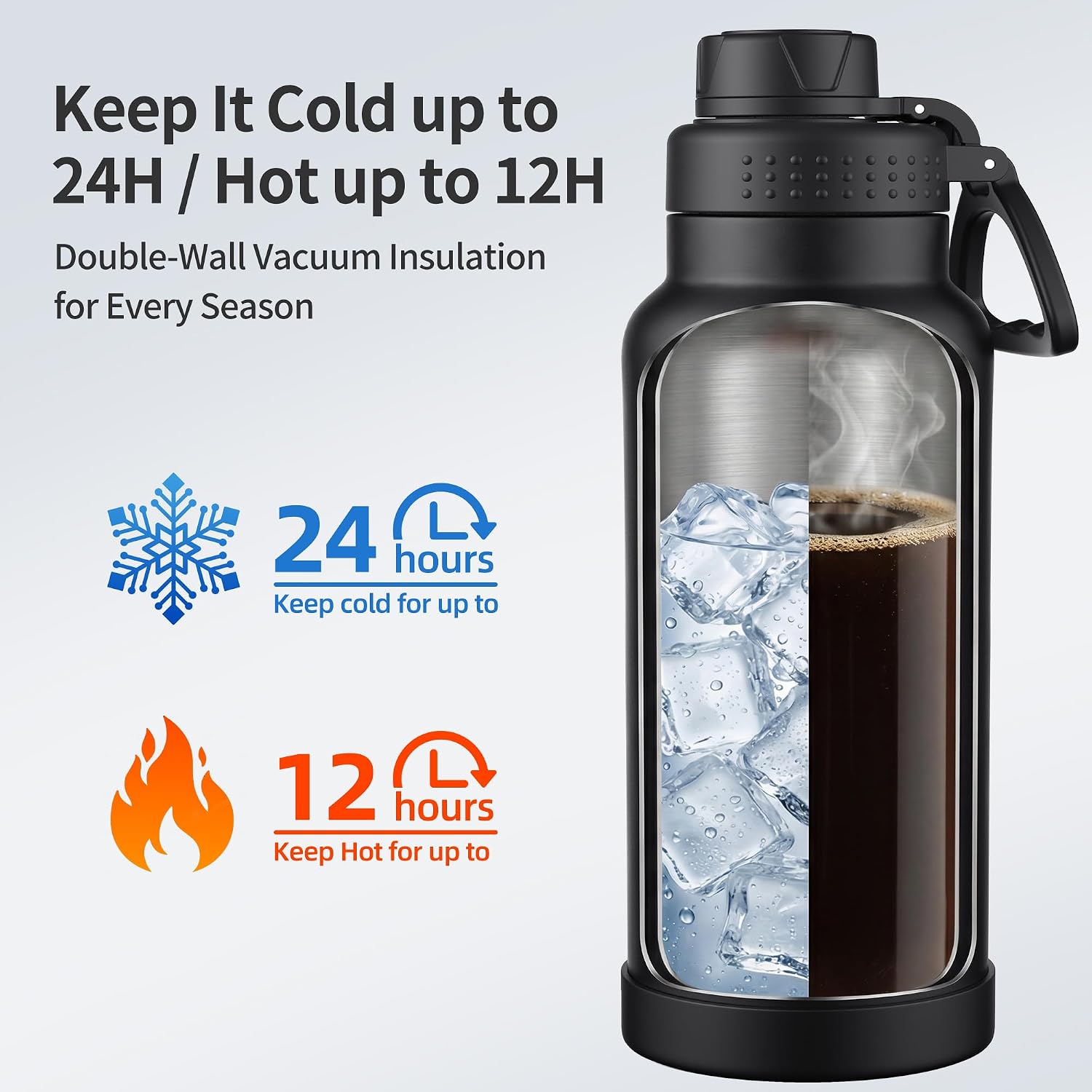 40 oz Insulated Water Bottle with Straw Lid & Twist Lid, Stainless Steel Vacuum Flask with Silicone Boot, Leakproof, Keeps Cold 24H / Hot 12H, Wide Mouth for Travel, Gym & Sports, Black
