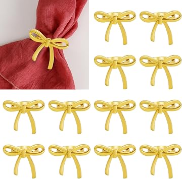 wonlex Golden Napkin Rings Set of 12, Stainless Steel Bow Napkin Ring Holder for Wedding, Banquet, Dinner Settings, Glossy Serviette Buckles Table Decor