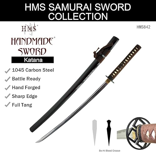Miniatura 8 de HMS Samurai Katana Sword, Practical, Hand Forged, 1045 Carbon Steel, Heat TemperedClay Tempered, Full Tang, Sharp, Scabbard
